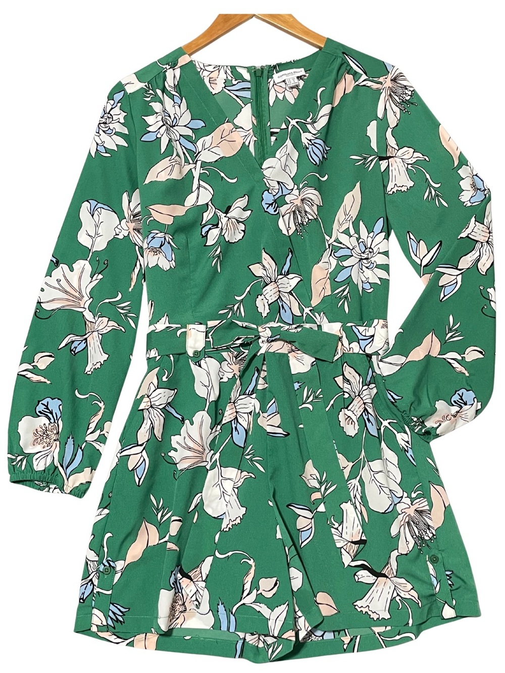 Carolina Belle Green Floral Long Sleeve Romper Belted Pockets Size 6